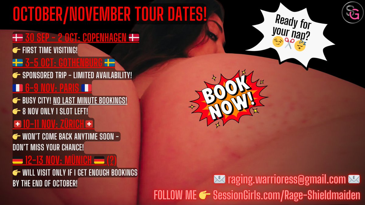 🚀NEW TOUR DATES!
🇩🇰🇸🇪🇫🇷🇨🇭🇩🇪 ➞ Rage is coming to get you!

Book your nap time between my thick thighs NOW 😏✂️💤

No last minute bookings! Act fast, or risk missing out 🚨

Paris is already booked solid by my regulars...

FOLLOW ME 👉 SessionGirls.com/Rage-Shieldmai… 

<a href="/Sessiongirls/">SessionGirls</a> 💕