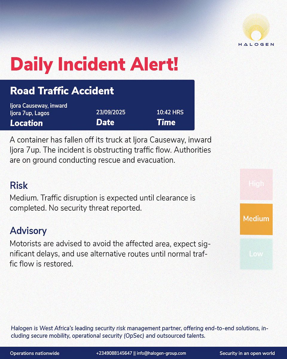 Security Alert: 

Road Traffic Accident reported at Ijora Causeway, inward Ijora 7up, Lagos state.

Stay alert. Stay safe