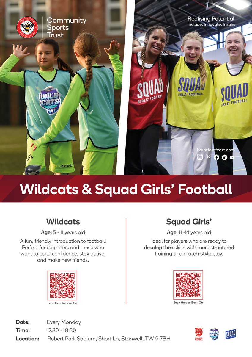 BrentfordFCCST's tweet photo. Wildcats and Squad Girls' Football Sessions โฝ
Learn and develop new skills, get active and make new friends at these free sessions ๐
๐บ Wildcats link: https://t.co/XoE40bwMY9
๐ง Squad Girls' link: https://t.co/mMrMpMRDub
@EnglandFootball I @FA I #RealisingPotential https://t.co/nHdmzQEdhe