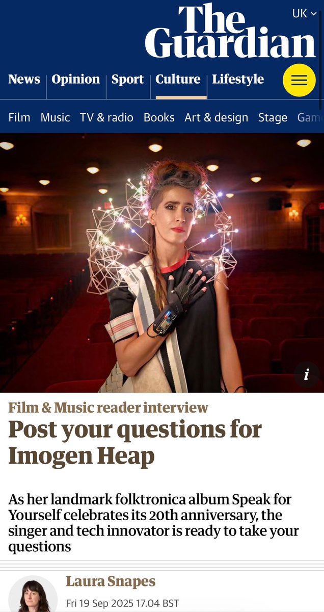 imogenheap's tweet image. Got any questions for me? Ask them here: 
theguardian.com/culture/2025/s…