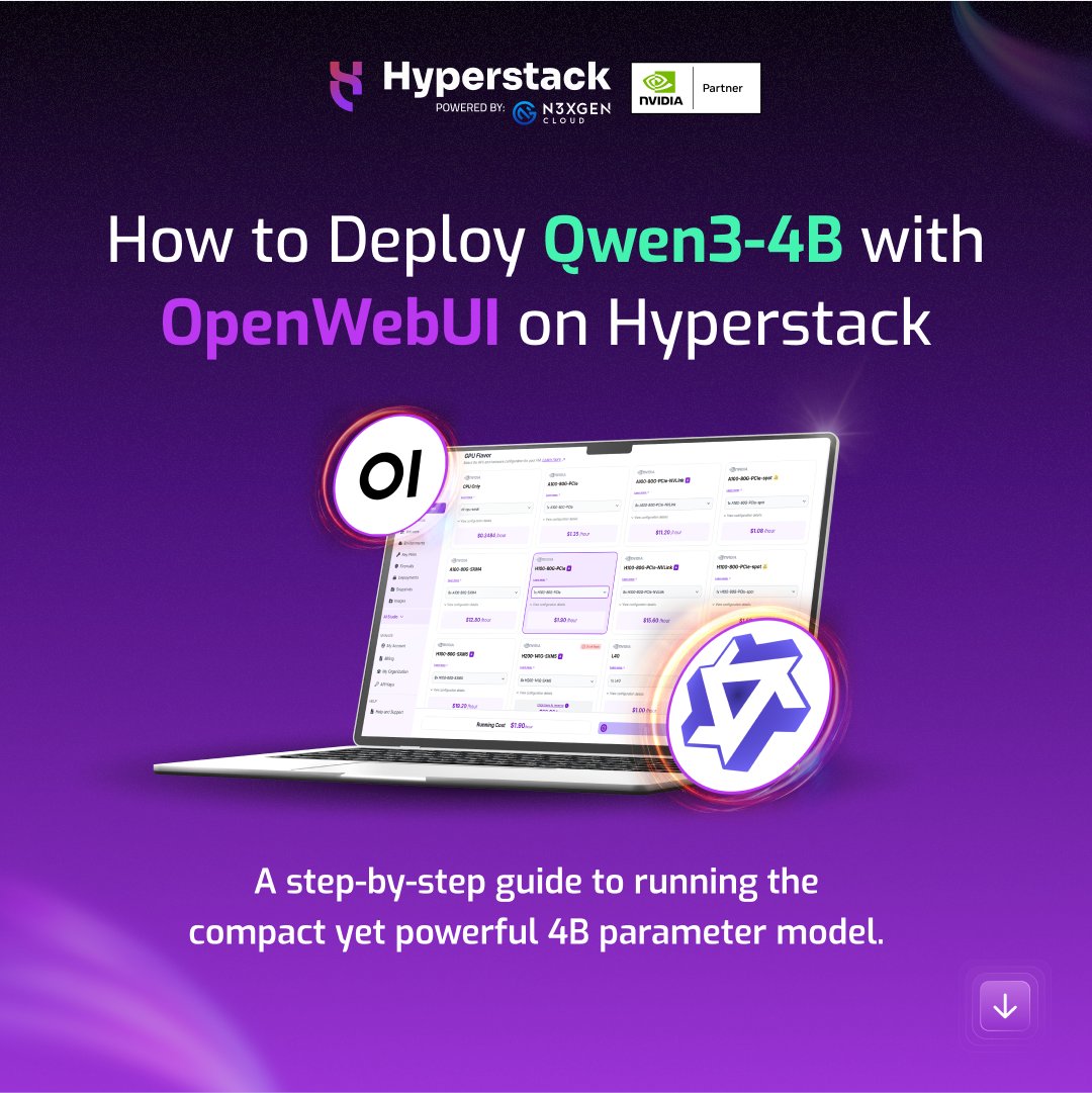 Hyperstackcloud's tweet image. 🚀🧠 Want to run Qwen3-4B without the infra headaches?

In this thread, we’ve put together a step-by-step guide on how to deploy #Qwen34B with #OpenWebUI on Hyperstack - from VM setup to inference.

🔗 The full walkthrough: bit.ly/428pLEi

(🧵 1 of 9)