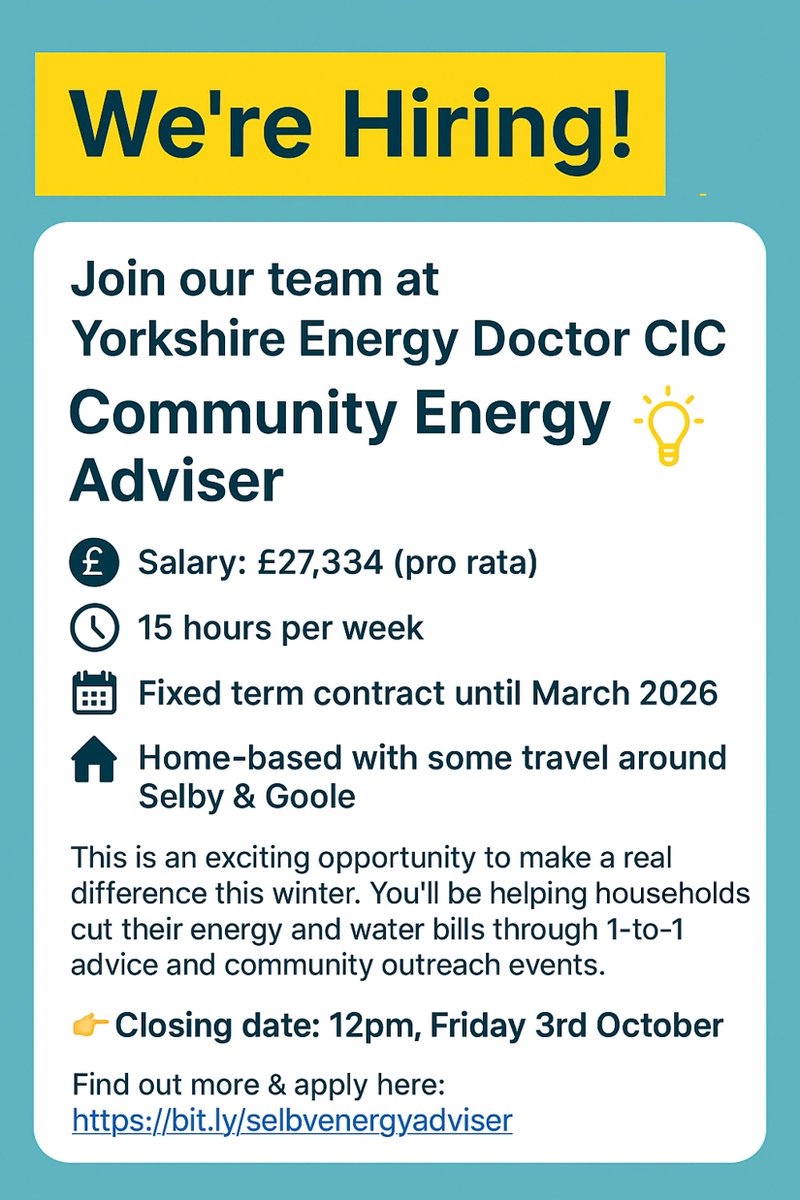We're looking for someone to join our small and friendly team for the winter and to help local residents save money and stay safe, warm and well.
 
For more information (and details on how to apply) please visit: yorkshireenergydoctor.org.uk/2025/09/16/we-…