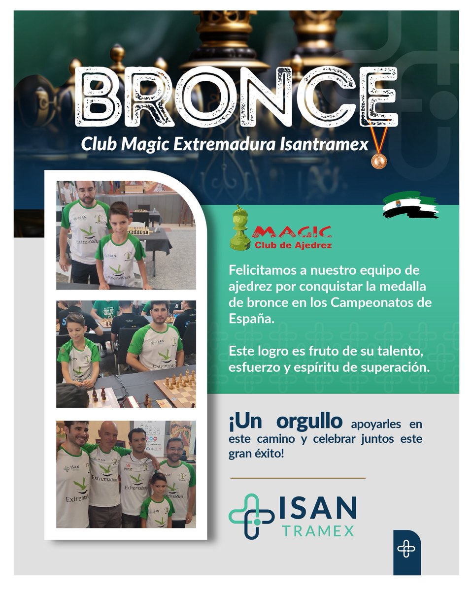 Isantramex (@isantramex1811) on Twitter photo Felicidades equipo <a href="/chessmagic/">Club Ajedrez Magic Extremadura</a> 🥉Orgullosos de vuestro talento y esfuerzo 💪
Bronce en los Campeonatos de España 🇪🇸 Felicidades equipo <a href="/chessmagic/">Club Ajedrez Magic Extremadura</a> 🥉Orgullosos de vuestro talento y esfuerzo 💪
Bronce en los Campeonatos de España 🇪🇸