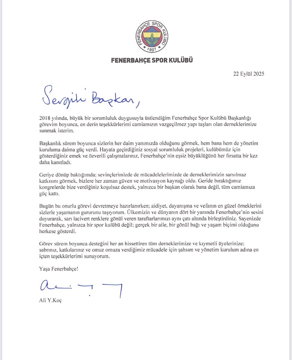 Sen, ben, onlar, şunlar yok. Sadece #fenerbahçe var. 7 yıl Başkanlığımızı yapan Sayın Ali Koç’a teşekkür ediyoruz. #türkiye #Malatya