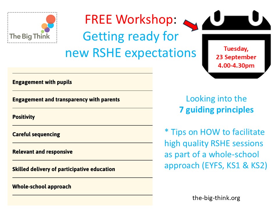 FREE workshop THIS AFTERNOON at 4pm:
Get to know the new #RSHE 7 GUIDING PRINCIPLES

Get your ticket here: t.ly/M0gxv

#PSHE #relationships #schools #MentalHealthMatters