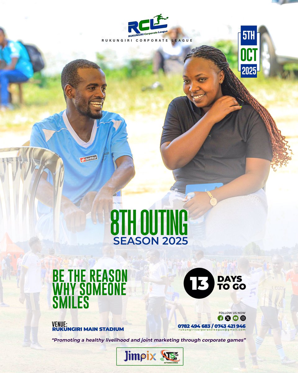 Make sure your the reason 😊 
13 days on the count down.
Don’t miss to be part of us in the 8th outing.

🗓 05/10/2025.
🏟 Rukungiri Main Stadium.

 ✅ Free entry for the general public 

Experience a full year of corporate sports.
#RukungiriCorporateLeague2025.