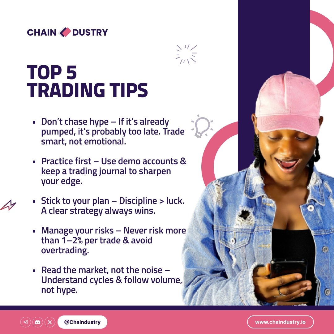 ChainDustry's tweet image. 🚀 Trading isn’t about luck — it’s about strategy.

✅ Avoid the hype
✅ Practice with discipline
✅ Manage your risks
✅ Follow the market, not the noise

Master these 5 tips and trade smarter, not harder. 💹📈