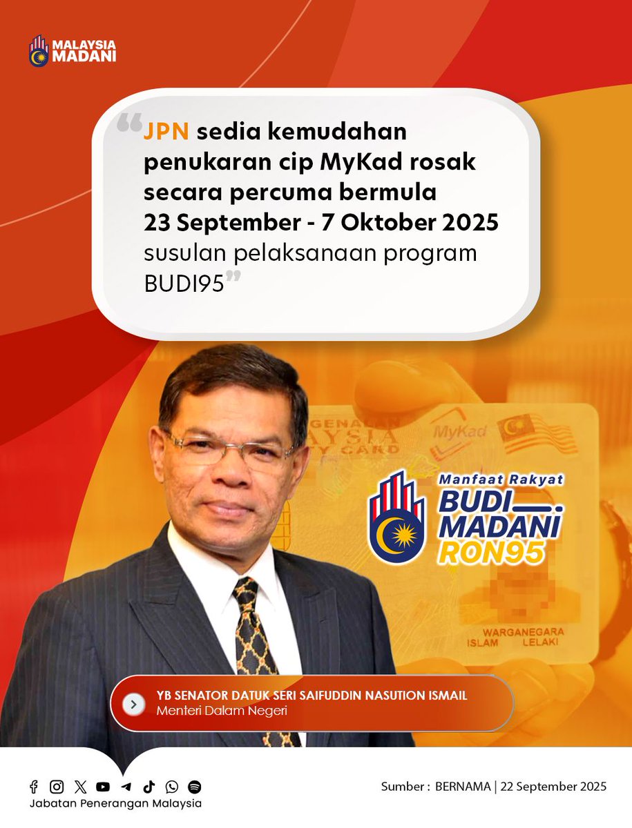 🪪 Penukaran Cip MyKad - di semua kaunter &amp; pejabat JPN seluruh negara.

💰 Kos Ditanggung Kerajaan - RM714,660 termasuk kos berkaitan.

✨Pastikan rakyat tidak terjejas akses subsidi akibat masalah teknikal.

⛽Setiap warganegara layak dapat nikmati manfaat BUDI95 dengan lancar.