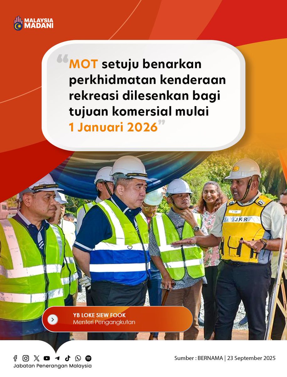 🚐✨ Dasar Baharu RV Malaysia.

🎯 Sokong pertumbuhan pelancongan berasaskan RV yang semakin positif.

🚍 RV boleh digunakan sebagai:
➡️ KSPP di Semenanjung
➡️ KSP di Sabah, Sarawak &amp; Labuan

📅 Tarikh kuat kuasa: 1 Jan 2026
📌 Terhad kepada kenderaan baharu.

#RancakkanMADANI