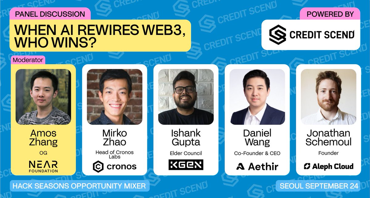 AI is no longer just hype, it’s rewriting the rules of Web3⚡️

Join us at the Hack Seasons Opportunity Mixer on September 24 in Seoul for the panel: “When AI Rewires Web3, Who Wins?”

Register for free: lu.ma/mixer_seoul

Host: Amos Zhang (<a href="/MetaWeb_Amos/">Amos</a>), <a href="/NEARProtocol/">NEAR Protocol</a> 's