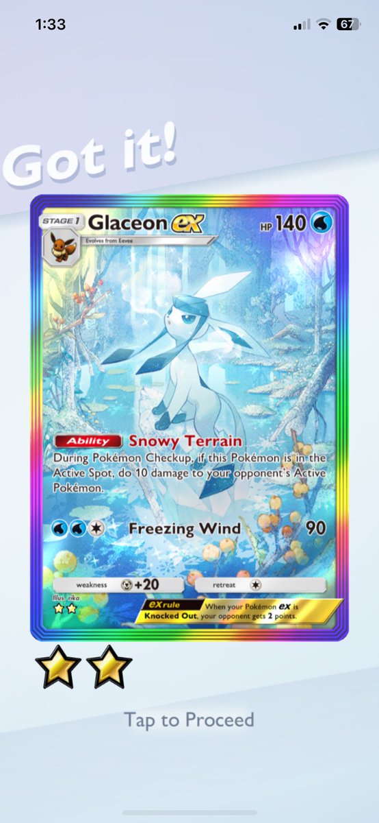 Aleonymous's tweet image. Sniping the rainbow/SIR from a Wonder Pick is pure joy! Have succeeded only a couple of times and have raged-cried more than a dozen... Thank you RNG, for this super cool Glaceon ex ❄️ from Triumphant Light set. #PokemonTCGPocket