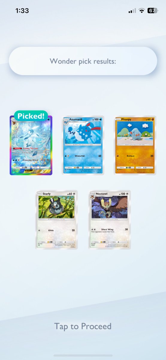 Aleonymous's tweet image. Sniping the rainbow/SIR from a Wonder Pick is pure joy! Have succeeded only a couple of times and have raged-cried more than a dozen... Thank you RNG, for this super cool Glaceon ex ❄️ from Triumphant Light set. #PokemonTCGPocket