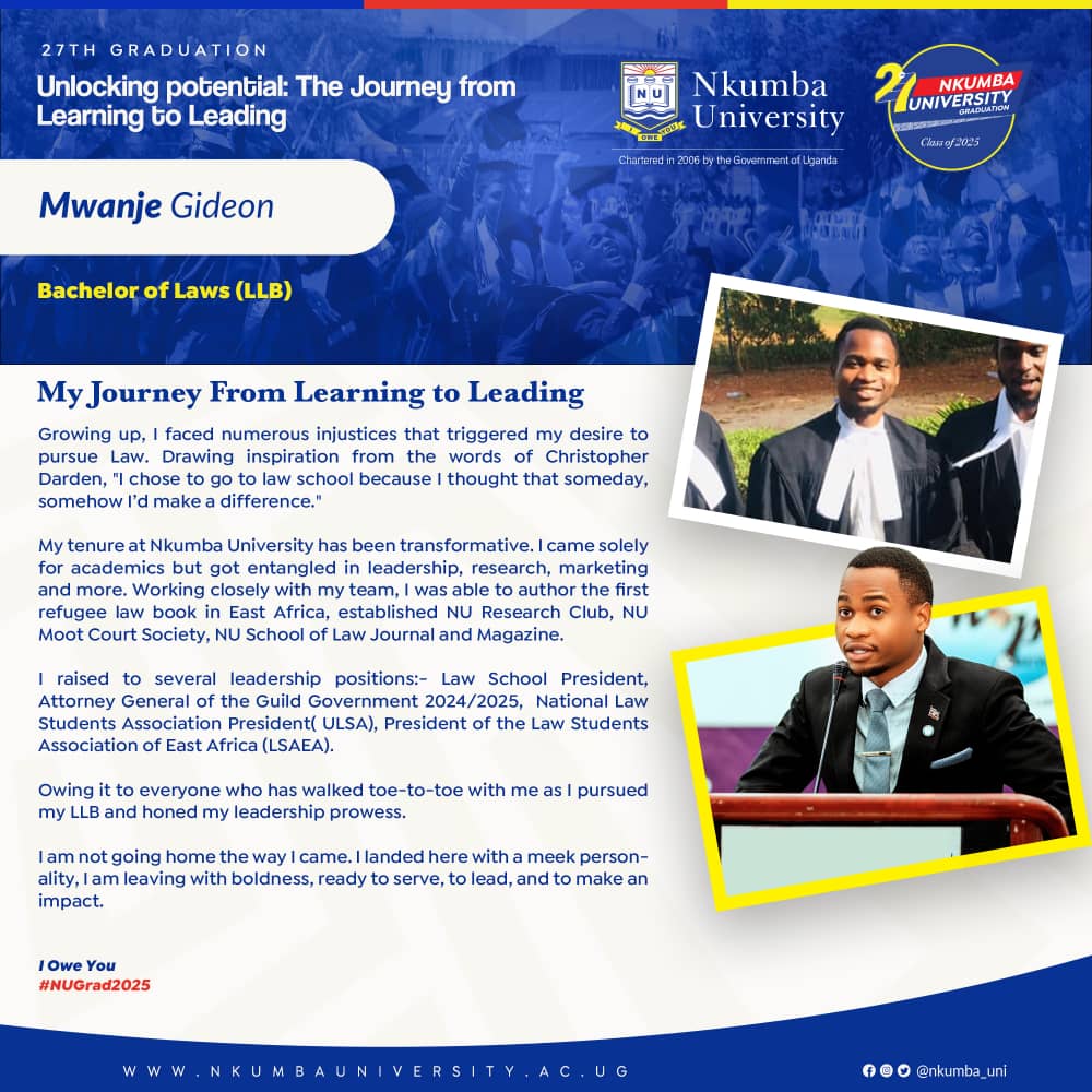 NkumbaUni's tweet photo. We have watched you blossom from a timid youngster into a person of substance. Today, it is your turn to share your graduation story.

Write a brief account of your experience. Find your freshman photo along with your current photo &amp; send to 0781 957 183.

#NUGrad2025|#I_Owe_You https://t.co/pcZ60ddEki