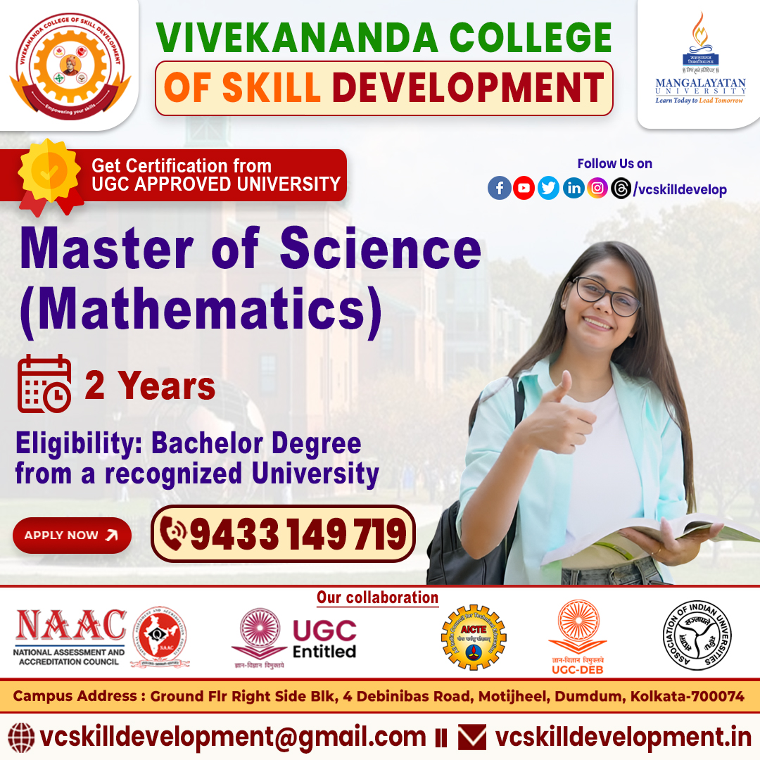 vcskilldevelop's tweet image. 📢Advance Your Career with M.Sc. Mathematics – Online/Distance Mode!
Study anytime, anywhere with Vivekananda College of Skill Development! Our . Maths program in online/distance mode is designed for working professionals.
#MathLovers
