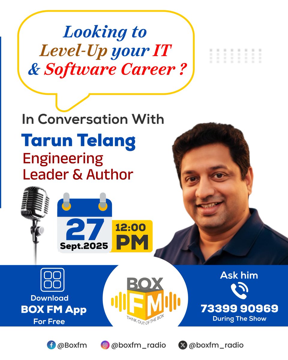 taruntelang's tweet photo. (Tweet# 1 of 5)
🎤 What’s next for IT careers, AI & Web3?
Excited to be speaking LIVE on BOX FM with 5M+ listeners 🌍
#AICareer #Web3 #SoftwareEngineering #CareerGrowth #FutureOfWork #BOXFM https://t.co/i2Hp7VJx7k