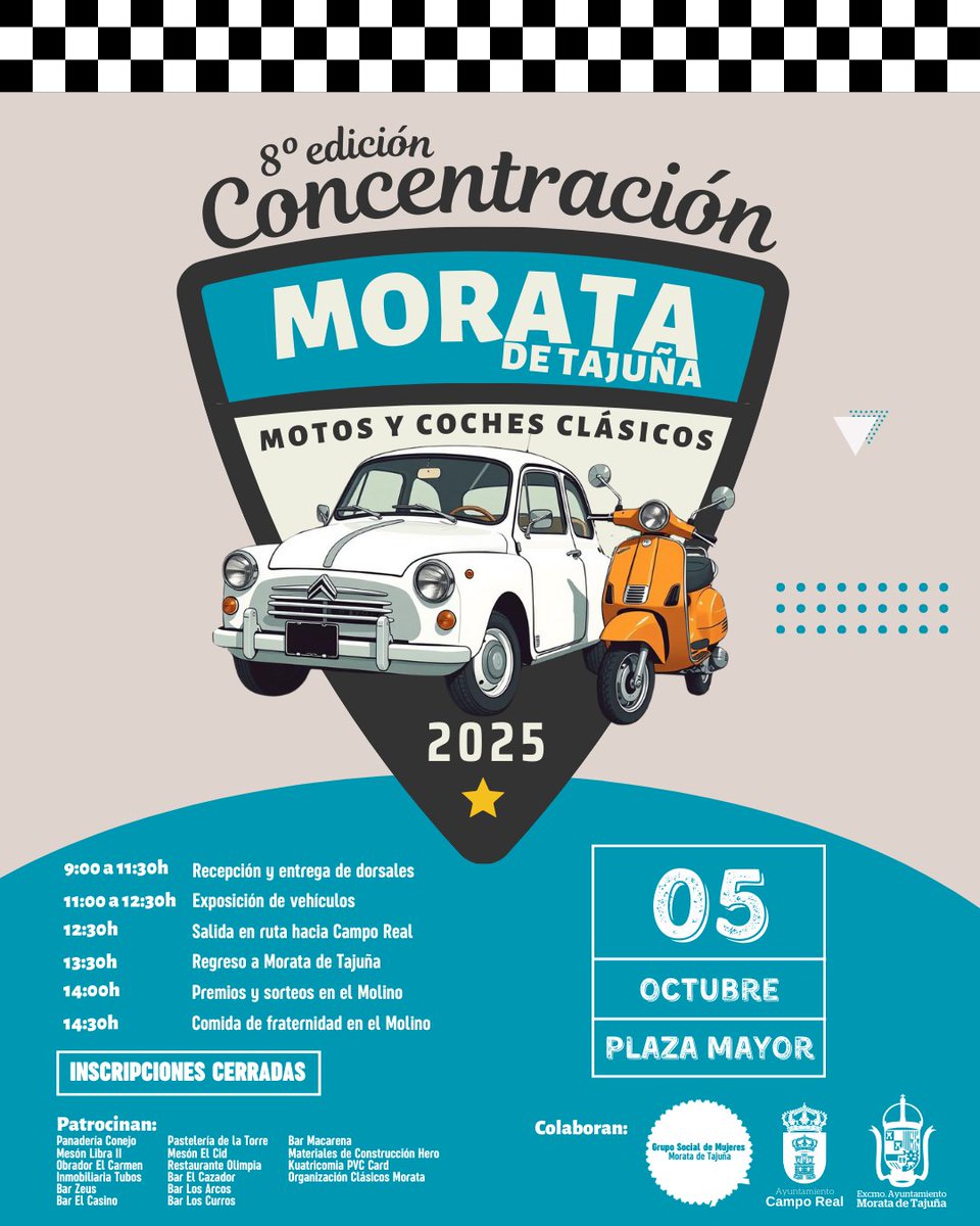 🚗🛵 ¡Los coches y las motos clásicas volverán a rugir por las calles de Morata! Será el próximo 5 de octubre, en la VIII edición de esta Concentración convertida ya en todo un referente, con más de 200 vehículos que podrán admirarse en el entorno de la plaza Mayor.