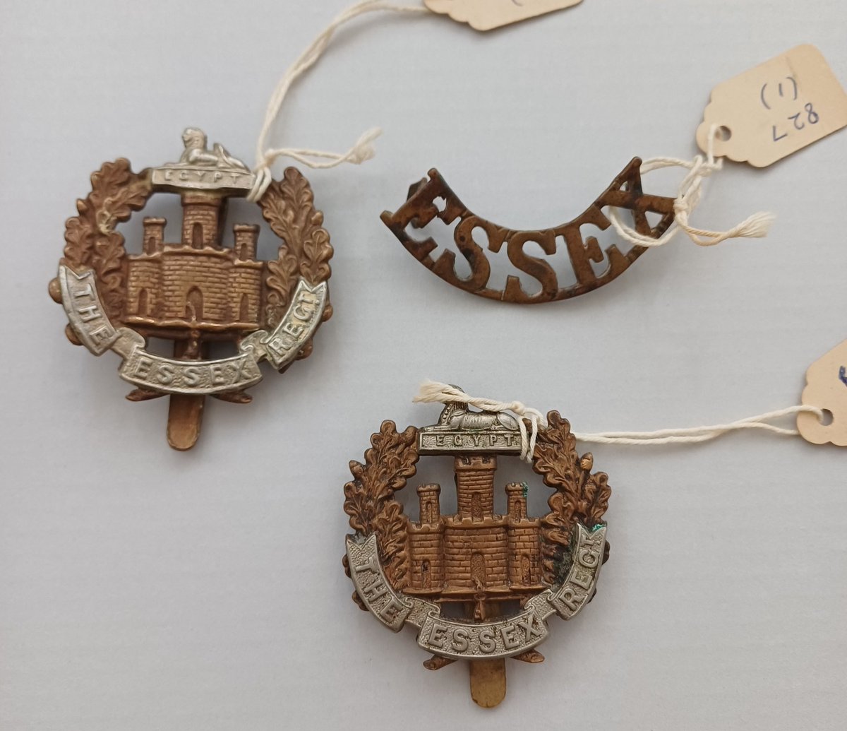From the Collection: Two Essex Regiment forage cap badges picturing Gibraltar Castle and a Sphinx. One brass shoulder title.

The Essex Regiment was formed by the merger of the 44th and 56th Regiment of Foot. The 56th Regiment had served during the siege of Gibraltar.