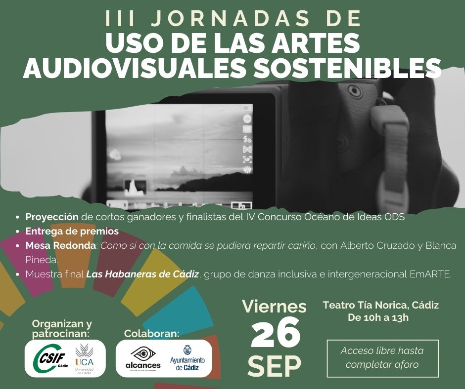 📆 Este viernes tenemos una nueva cita con las artes audiovisuales sostenibles, dentro de la programación del festival de cine documental <a href="/Alcances_Cadiz/">Alcances</a> 

Entregaremos los premios del IV Concurso de Cortos sostenibles 🌊Océano de Ideas y una mesa redonda

csif.es/es/articulo/ca…