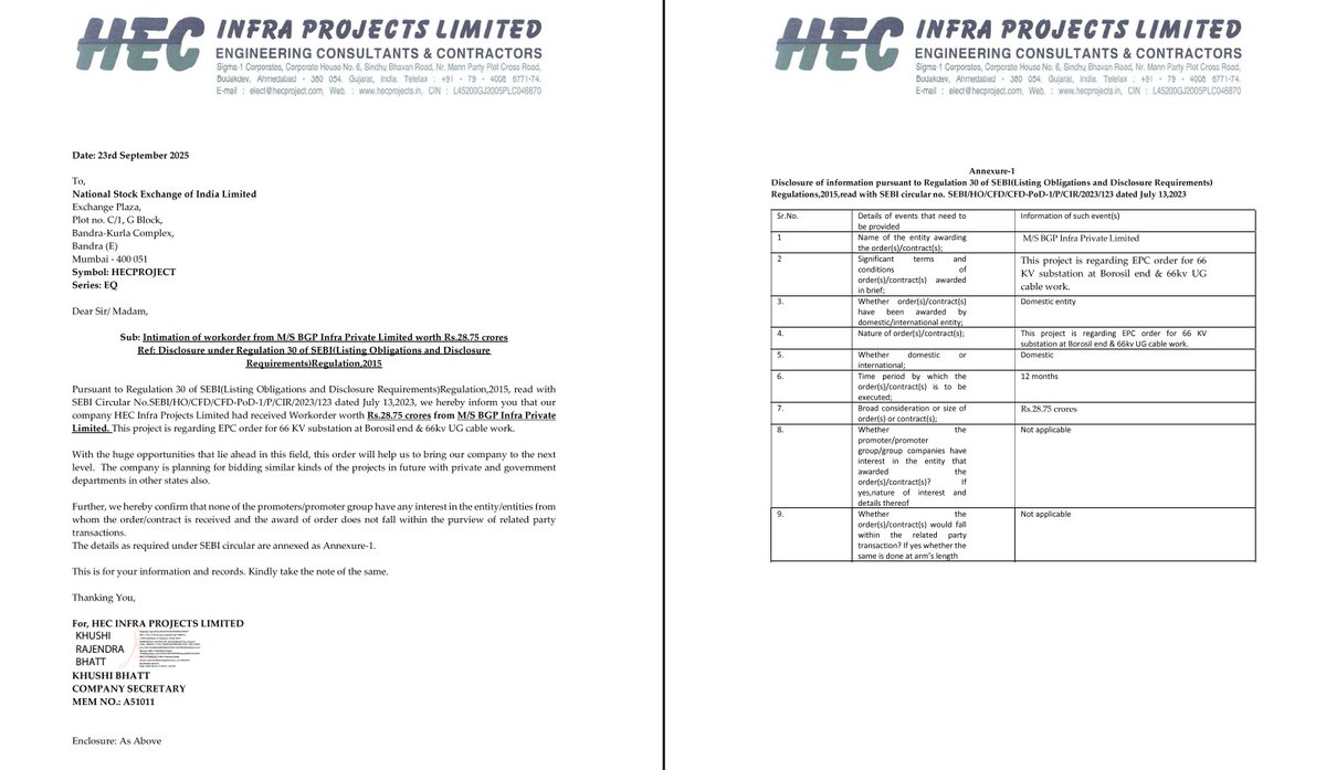 AvinashGoraksha's tweet image. #HECInfraProjectsLimited 

The company has received an order worth ₹28.75 Cr from M/s BGP Infra Private Limited for the development of a 66 kV substation at Borosil end along with 66 kV underground cable works.
Execution Timeline: 12 months

#PowerInfrastructure #OrderWin…