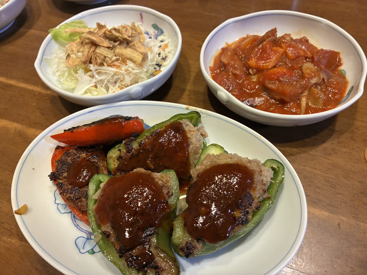 今夜は....
ピーマンの肉詰め
グリル野菜のラタトゥイユ
カット野菜のサラダ

ピーマンの肉詰めは初めて作ったけど美味しかった！
ピーマンはレンチンすることで柔らかくなって肉だねを詰めやすくなったし、甘みも出て一石二鳥って感じ

グリル野菜は冷凍のを使ったけど、これは秀逸！
