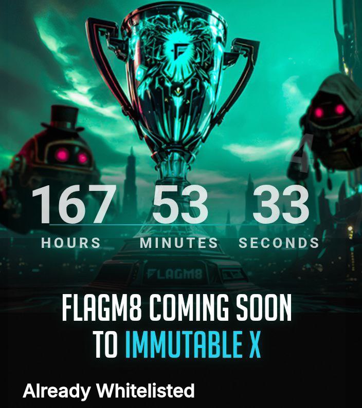 Tofuisacheese's tweet image. A new arena opens up for gamers.

@Flagm8 is gearing up to drop on @Immutable, mixing strategy battles, resource mining, and a sharp futuristic edge.

Early birds get the perks,whitelist spots are live, giving you the chance to lock in rewards before launch.

Build your squad,…