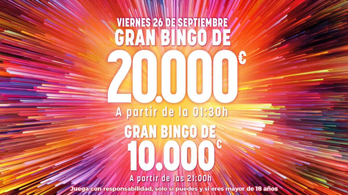 💣𝐁𝐎𝐌𝐁𝐀𝐙𝐎💣 Este viernes 26 de septiembre 𝐆𝐑𝐀𝐍 𝐏𝐀𝐑𝐓𝐈𝐃𝐀 𝐃𝐄 𝟐𝟎.𝟎𝟎𝟎 € a partir de la 01:30 horas.

😍¡Además 𝐁𝐈𝐍𝐆𝐎 𝐃𝐄 𝟏𝟎.𝟎𝟎𝟎 € a partir de las 21:00 horas! 

No puedes faltar❤️

#YoSoyDeLasVegas