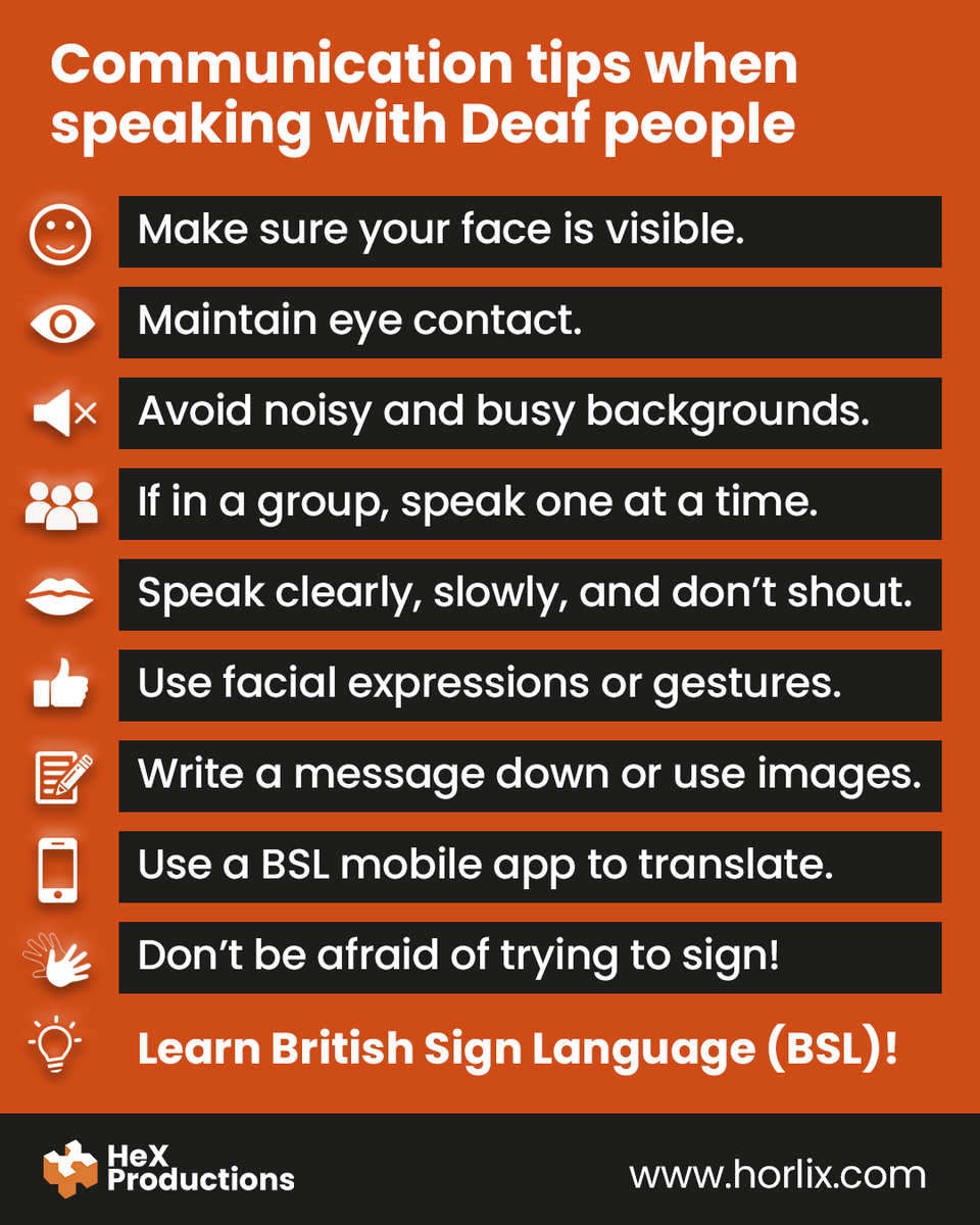 HeX_Productions's tweet image. On #IWDP, we're sharing communication tips that can help when talking to someone who is #Deaf.

Better still, take the time to start learning #SignLanguage. Our video can help you to learn fingerspelling in BSL: zurl.co/Rtmk3

#DeafAwareness #BSL #A11y #Accessibility