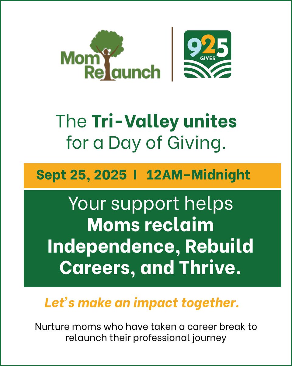 momrelaunch's tweet photo. Mom Relaunch is part of #925GIVES 2025 a community-powered  #DayOfGiving led by Three Valleys Community Foundation 
 
Date - September 25, 2025
From 12:00 AM to Midnight, the Tri-Valley will come together 

Let’s show up and make an impact together! https://t.co/doz0w2JWho https://t.co/tqS2mV7fnX