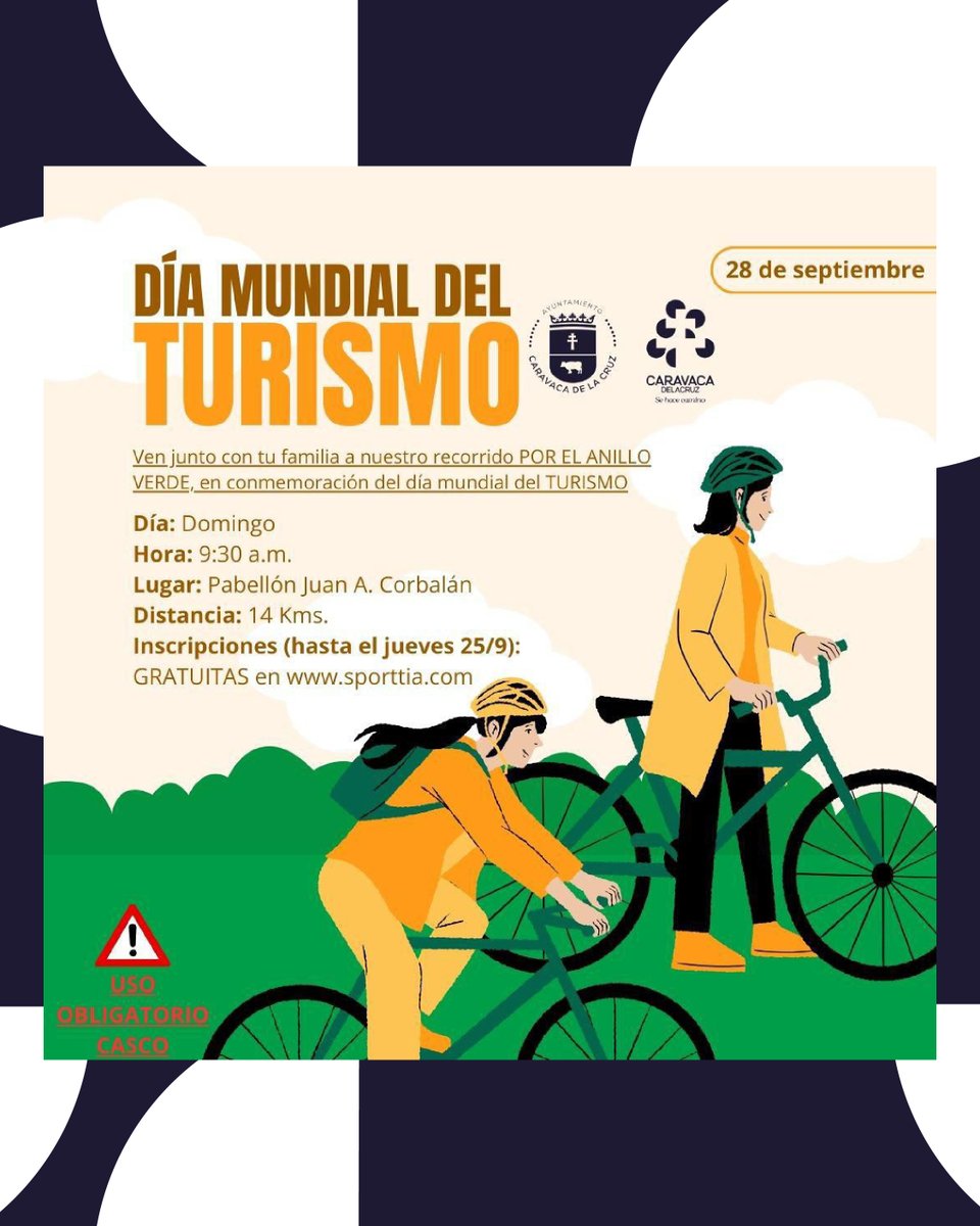 🚴‍♀️🌿 Celebra el Día Mundial del Turismo pedaleando por Caravaca.

Este 28 de septiembre, súmate a nuestro recorrido en bici por el Anillo Verde y disfruta del turismo en movimiento.

👨‍👩‍👧‍👦 Una actividad pensada para toda la familia, al aire libre, saludable y gratuita.