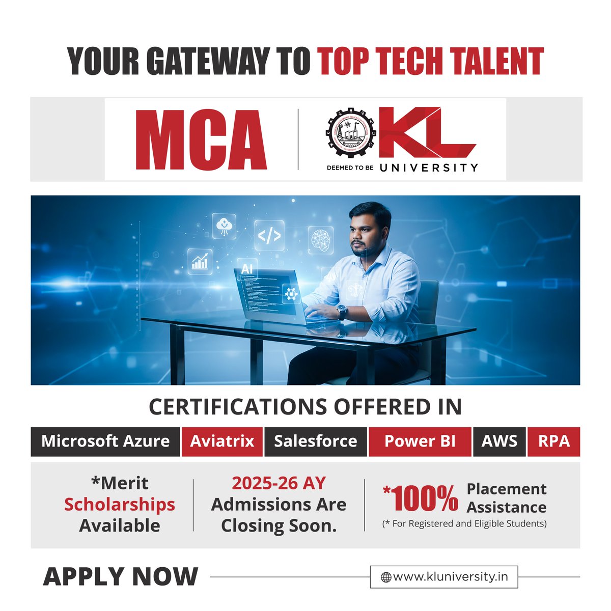 kluniversity's tweet image. Accelerate your tech career with MCA from KLU! Focus on advanced software development, data analytics &amp;amp; cloud tech. Hands-on projects + dedicated placements = your path to senior developer roles
kluniversity.in/admissions-202…
#KLU #MCA #AdvancedCoding #BigDataAnalytics #CloudComputing