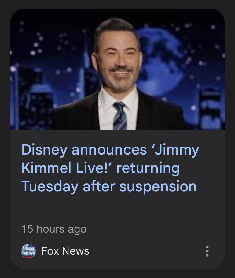 UndevelopedStar's tweet image. Kimmel REINSTATED after a short suspension due to insensitive comments. DEMOCRATS in SHAMBLES as their fascist censorship argument FALLS APART. Republicans COULD NOT CARE LESS if Kimmel is back on. 

#Kimmel #KimmelReturns #Censorship #FreeSpeech #Democrats #Republicans…