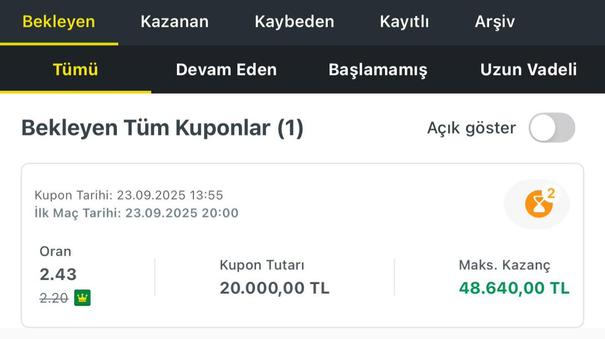 20.000 Misli Kuponunuz Hazır 🔥

Eylül ayının kazandıran serisi devam ediyor ✅

Eylül sonunda bizim serimize katılan kimse zarar etmedi 👍

Kuponun açık halini maça 1 saat kala paylaşılacak tabikide hesap gizliye alınıp paylaşılacaktır ve sadece takip edenler görebilecektir 😎