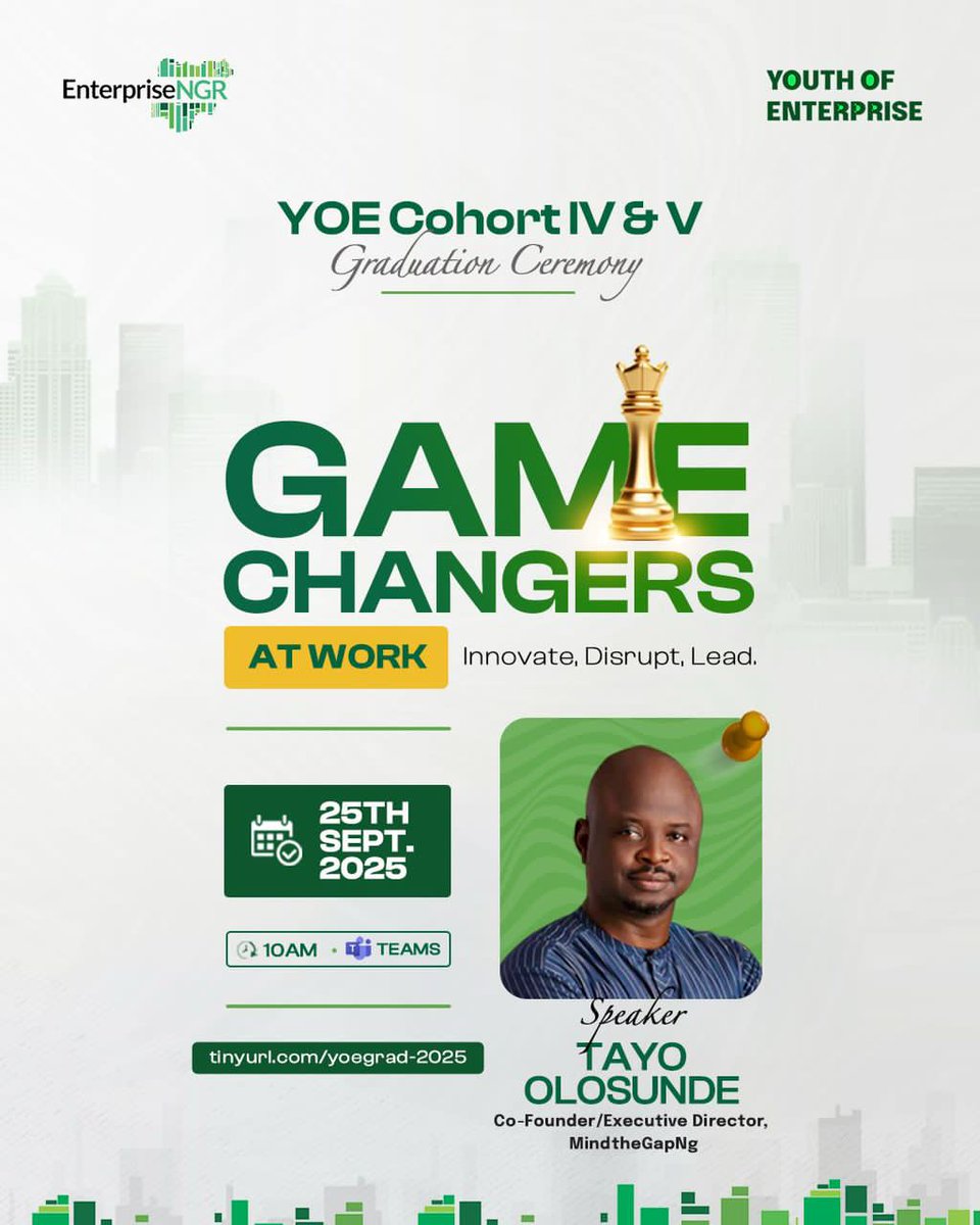 Join our ED, <a href="/TayoOlosunde/">#Youthnomics</a> as he delivers the keynote address at the Youth of Enterprise (YOE) Graduation Ceremony! He'll be sharing insights on being a #GameChangerAtWork. Don't miss it!

Sept 25, 2025 | 10 AM tinyurl.com/yoegrad-2025

#Mindthegap #YouthEmpowerment #GameChangers