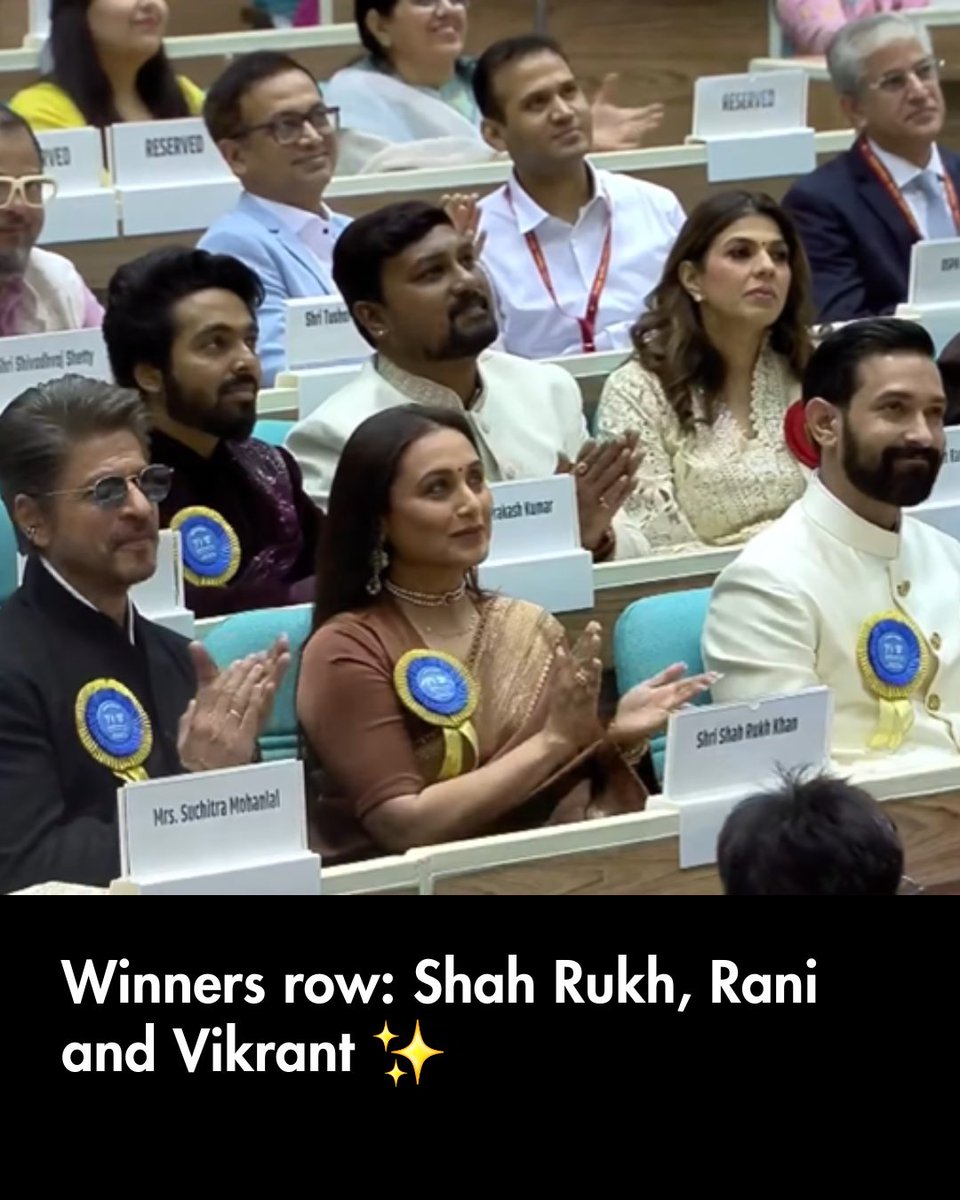 htcity's tweet image. Rahul and Tina got a new classmate? Shah Rukh Khan, Rani Mukherji and Vikrant Massey sit next to each other at the 71st National Film Awards 2025. 

#rahul #tina #ShahRukhKhan #RaniMukerji  #VikrantMassey  #nationalaward2025 @iamsrk  @VikrantMassey