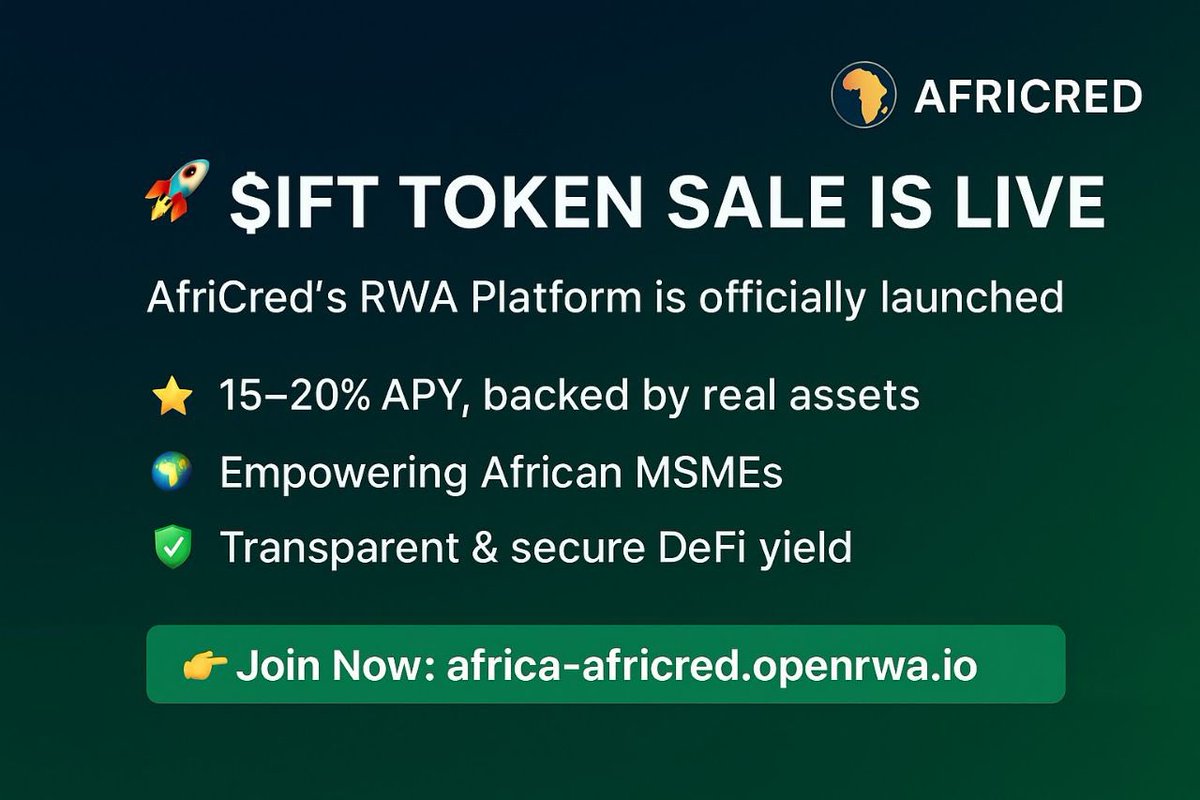 Max__web3's tweet image. 🚀@africredapp RWA Platform is LIVE!

👉 Join here: africa-africred.openrwa.io

📜 Loan Certificates now available
💰 Invest with USDC on BSC
🌍 Backed by real assets, empowering African MSMEs

#IFT #Crypto #RWA #TokenSale