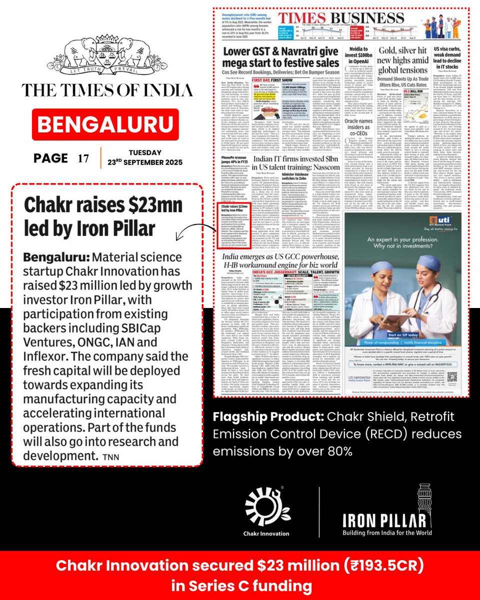 <a href="/ChakrInnovation/">Chakr Innovation</a>  featured in Bennett Coleman &amp; Co. Ltd. (<a href="/timesofindia/">The Times Of India</a> ) for our USD 23M (₹193.5 Cr) Series C milestone led by Iron Pillar 🚀

Fueling 🇮🇳 manufacturing, global expansion &amp; clean-tech R&amp;D for sustainable growth 🌍

🔗 lnkd.in/gm5SPeZ9

#SeriesC #DeepTech