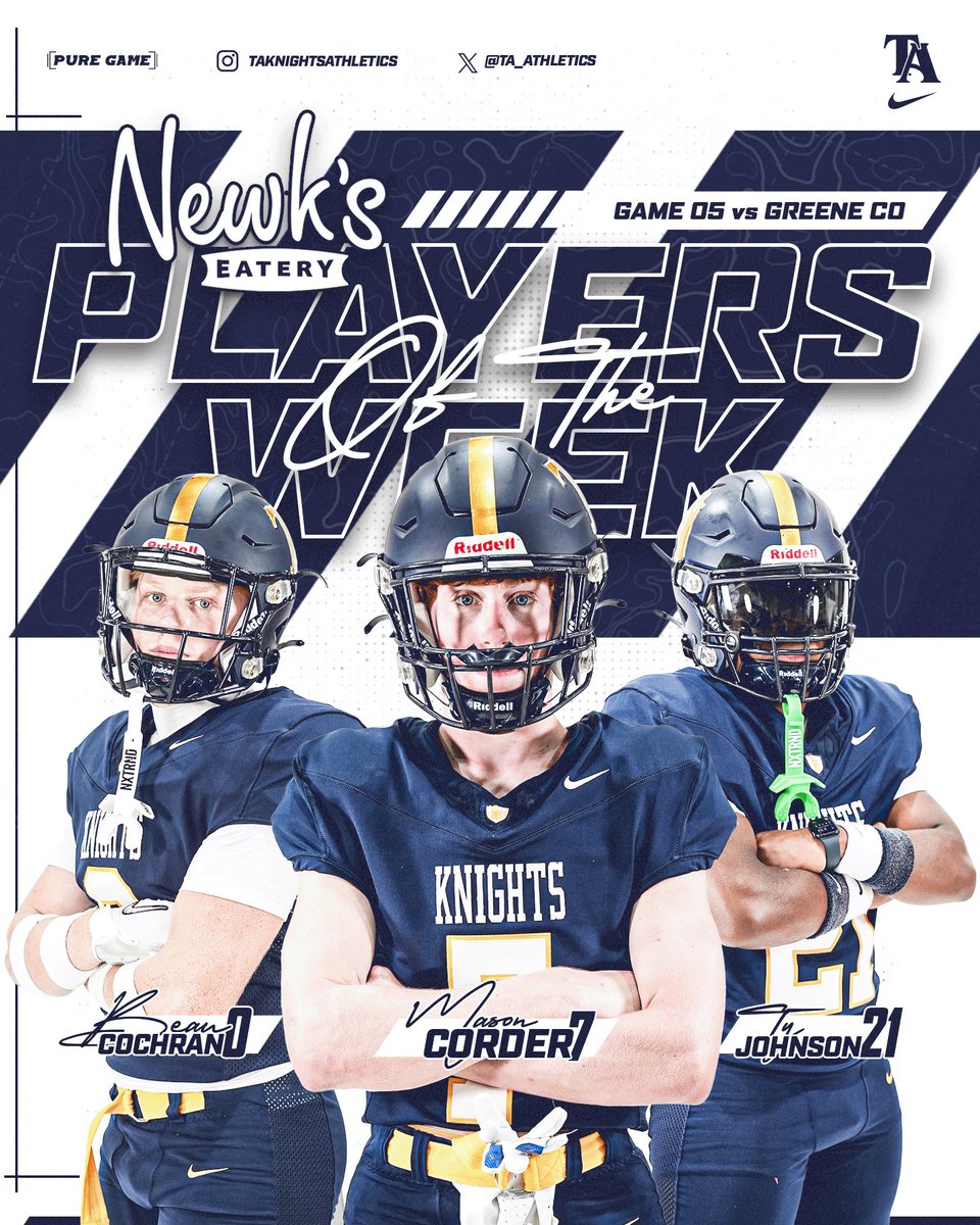 🏈  𝙏𝘼 𝙆𝙉𝙄𝙂𝙃𝙏𝙎 𝙋𝙇𝘼𝙔𝙀𝙍𝙎 𝙊𝙁 𝙏𝙃𝙀 𝙒𝙀𝙀𝙆 ⚔️
#GAME5 NEWKS TUSCALOOSA POTW
▪️Beau Cochran
▪️Mason Corder
▪️Ty Johnson
#TuscaloosaAcademy #RTGK