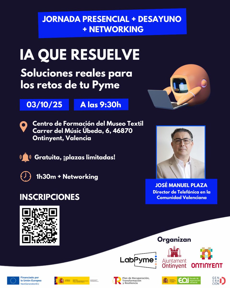 LabPyme's tweet image. 🚀 IA que resuelve: soluciones reales para tu pyme
📅 03/10 · 9:30h
📍 Museo Textil – Ontinyent
✅ Herramientas listas para usar
✅ Casos reales
✅ Tips sin tecnicismos
☕ Desayuno + networking
🎟️ Gratuito · Inscripción: labpyme.activehosted.com/f/24