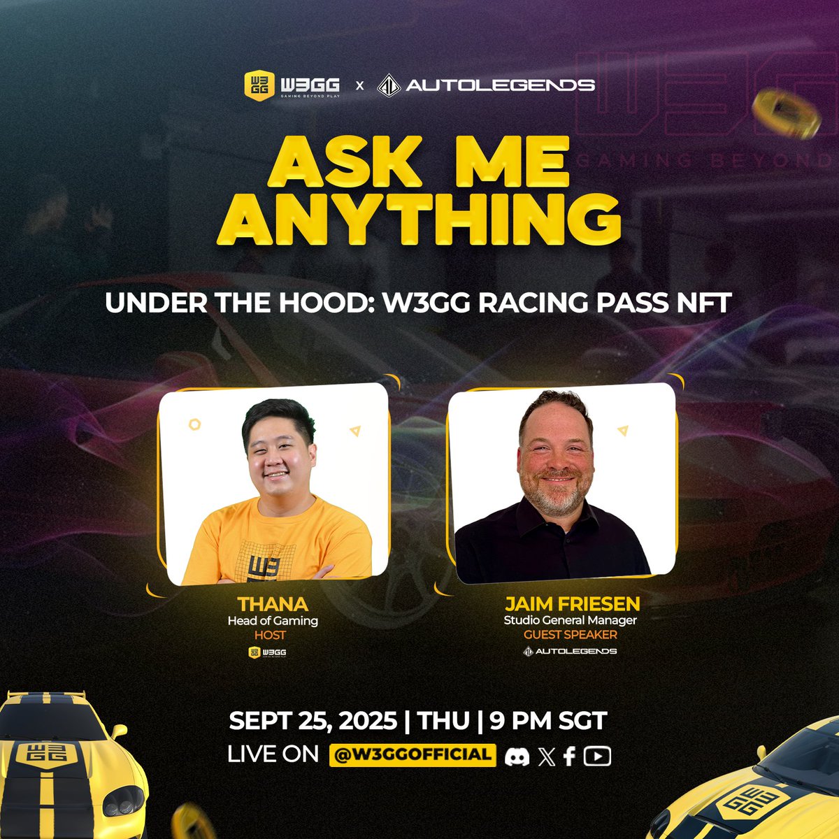 Get the Inside Scoop on the W3GG Racing Pass NFT!  🏁

Join us for an AMA with W3GG's Head of Gaming, <a href="/ThanasAxieTh/">Thanas</a> , and <a href="/autolegendsrace/">Auto Legends</a> Studio General Manager, Jaim Friesen. They'll take you under the hood to talk about the W3GG Racing Pass NFT — a custom-designed W3GG