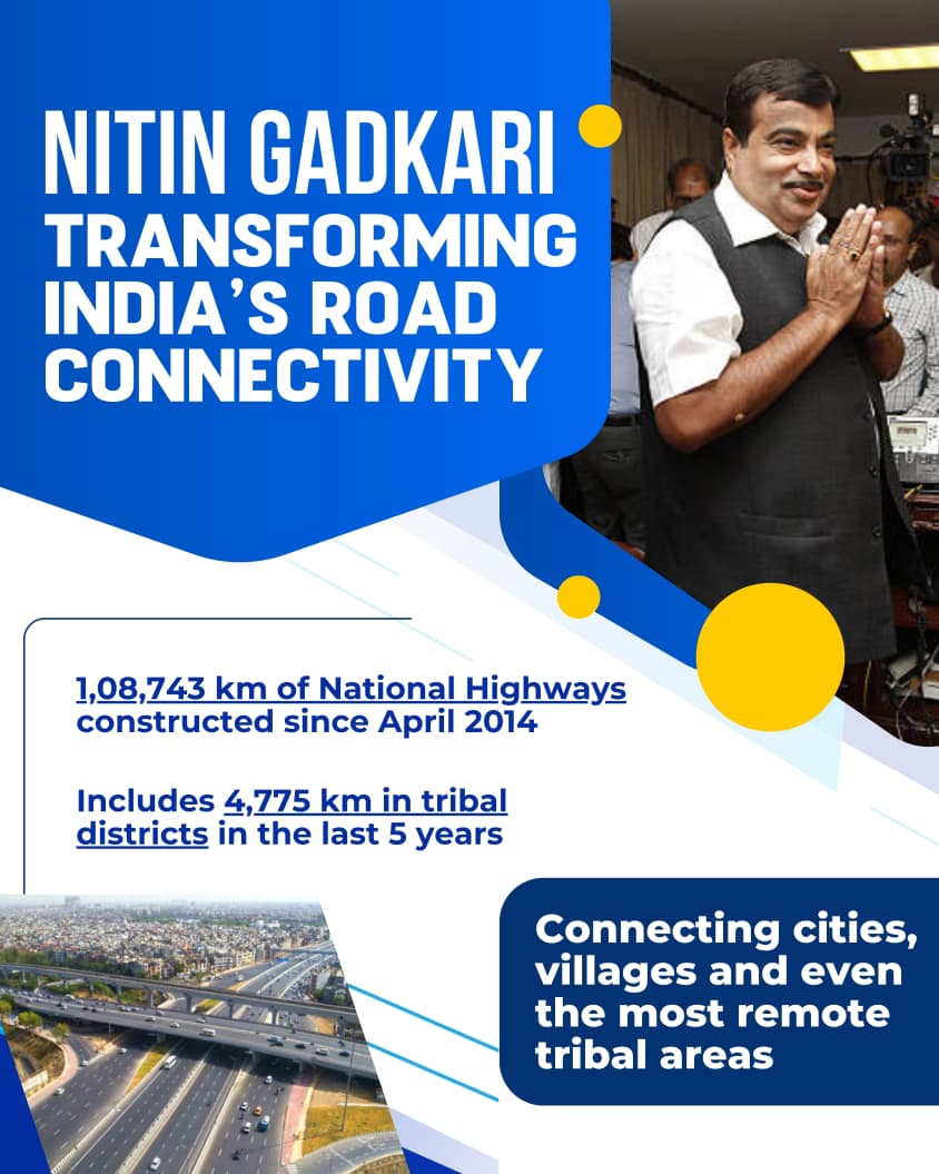 भारत के इंफ्रास्ट्रक्चर क्रांति के शिल्पकार – नितिन गडकरी...

उन्होंने समय को GDP में बदल दिया।

दिल्ली–मेरठ और समृद्धि महामार्ग जैसे प्रोजेक्ट्स ने सफ़र आधा किया,

लॉजिस्टिक्स लागत घटाई और व्यापार को नई उड़ान दी।

यह सिर्फ़ सड़कें नहीं, बल्कि भारत की विकास-धमनी है।