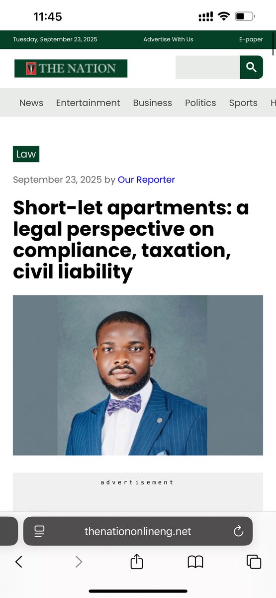 giwalegal's tweet image. We are pleased to announce the publication of our Managing Partner’s article in The Nation newspaper, titled: “Short-let Apartments in Lagos State: A Legal Perspective on Compliance, Taxation and Civil Liability.”