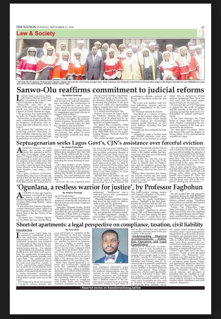 giwalegal's tweet image. We are pleased to announce the publication of our Managing Partner’s article in The Nation newspaper, titled: “Short-let Apartments in Lagos State: A Legal Perspective on Compliance, Taxation and Civil Liability.”