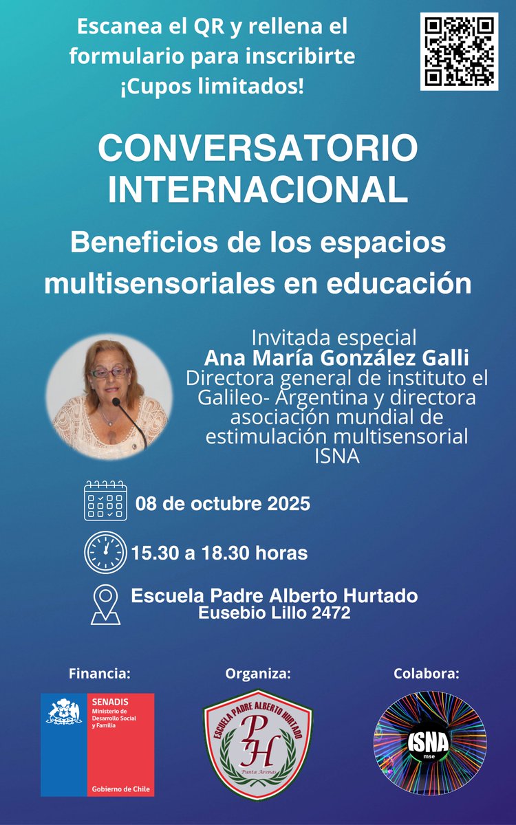 Conversatorio Internacional Beneficios de los Espacios multisensoriales en educación, Organiza Escuela P. Alberto Hurtado,  Invitada Ana María González Galli, Directora Gral. de Instituto El Galileo, Argentina y Directora asociación mundial de estimulación multisensorial ISNA