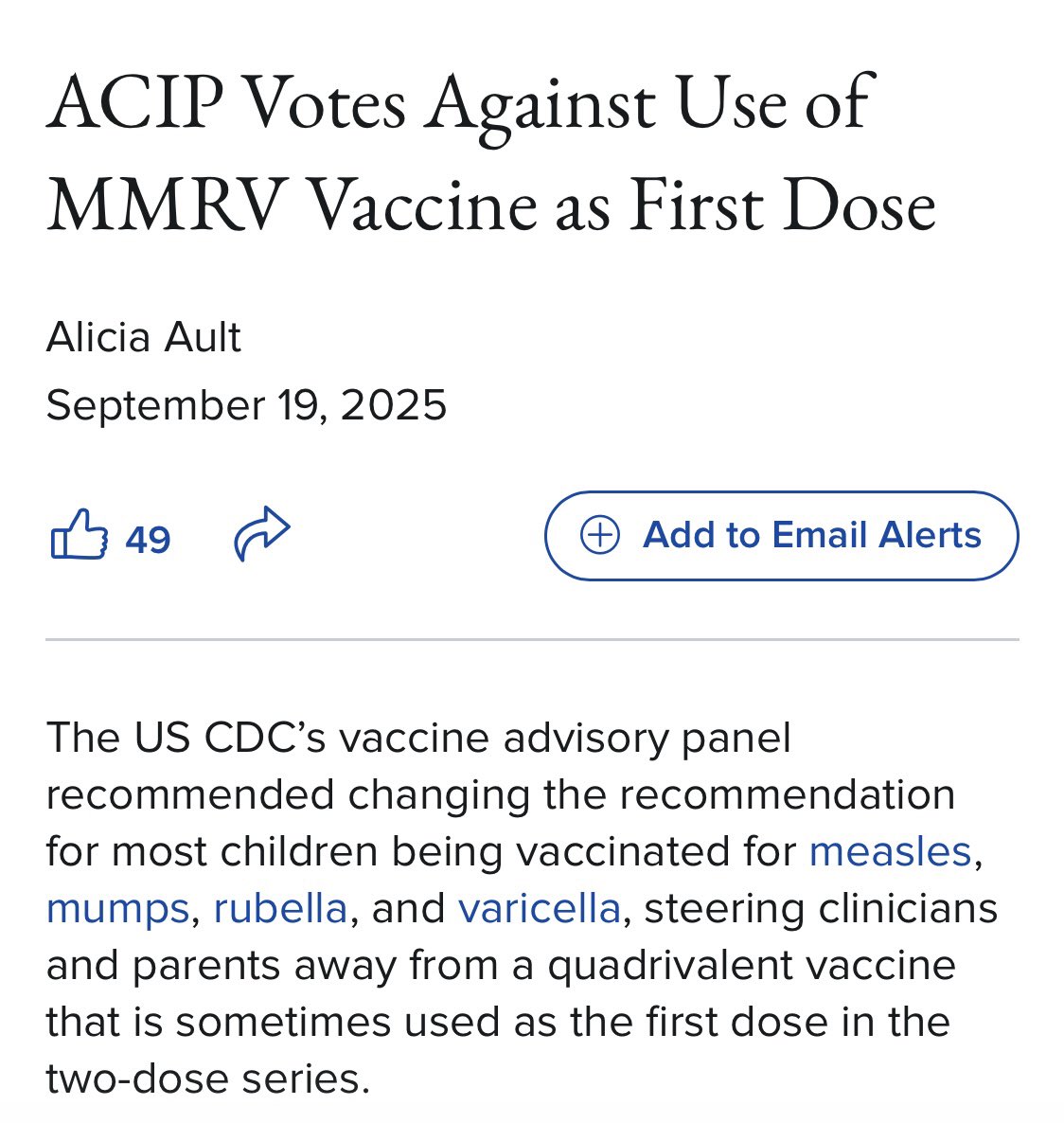 ‼️USA: Masern Impfung.

Nun ist es so weit:
Die Empfehlung für die Masern-Kombi Impfung bei Kindern wird zurückgezogen!

Dass man als Einzeldosis noch impfen lassen kann ist eine Finte: Die Umstellung von quadrivalenten Einmal-Impfungen (Masern, Mumps, Windpocken,Röteln) wird
