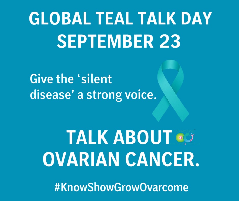 ovarcome's tweet photo. September 23 is GLOBAL TEAL TALK DAY. 
Today we take ACTION to break the silence on ovarian cancer and give it our STRONGEST collective voice! 

Awareness is POWER 💥 
Support is STRENGTH 💪 
Advocacy is ACTION 🔥 

#TealTalkDay #knowshowgrowovarcome
#OvarianCancerAwarenessMonth