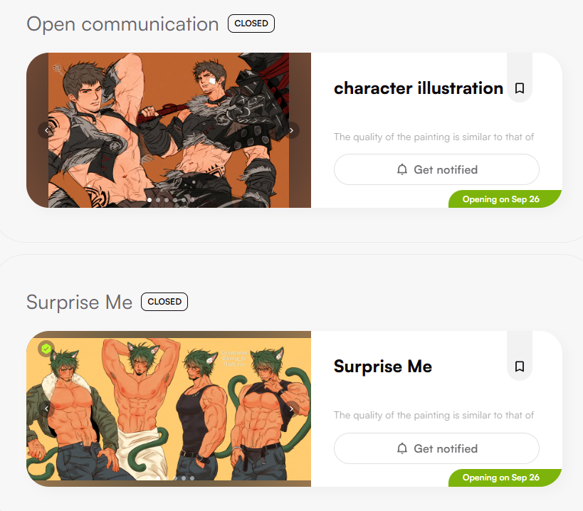 Commissions reopen 
September 26 at 9:00 AM (KST)!
 5 Character Illustration slots 
 4 Surprise Me slots.

I’ve slightly increased the number of slots now that I’m more accustomed to the workflow, and I plan to keep them at this level if it’s manageable. Thank you! 🥰