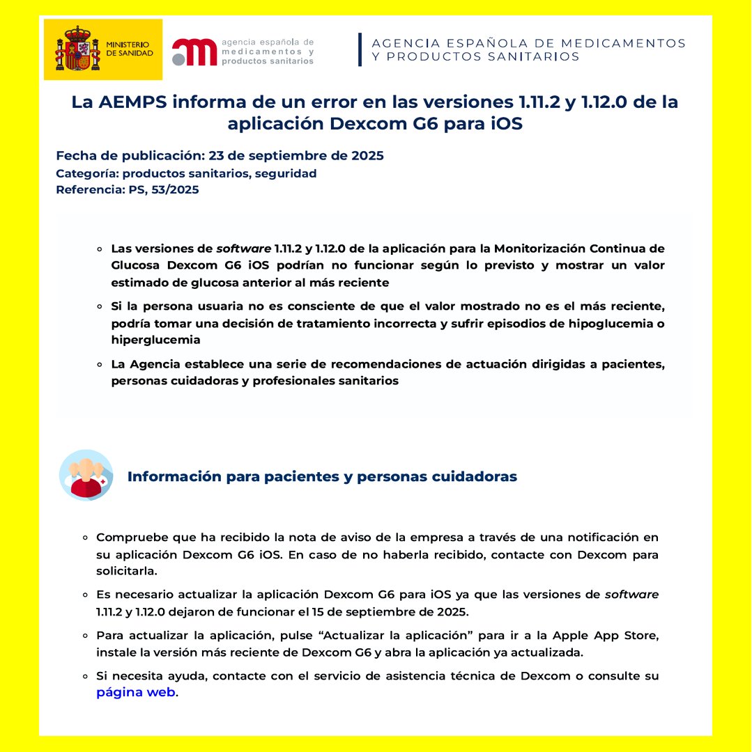 ALERTA – DIABETES - APLICACIÓN DEXCOM G6 PARA IOS

👉Más información en (se abre un archivo PDF): alertasps.aemps.es/alertasps/docu…