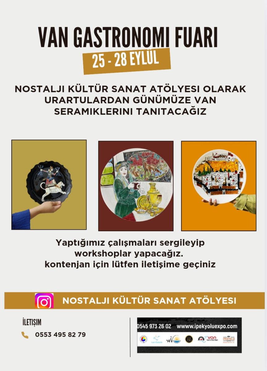 Dr. Zeynep Özalp Kaya (@zeynepozalp13) on Twitter photo Urartulardan günümüze kentimizin kültürel miras öğelerini seramiklere işliyoruz.
25/28 Eylül Tarihlerinde yaptığımız özel çalışmaları tanıtmak için davet edildik, güzel bir stand tasarlıyoruz.
Bekleriz efendim.
<a href="/vanbuyuksehirbb/">T.C. Van Büyükşehir Belediyesi</a> <a href="/vantsokurumsal/">Van Ticaret ve Sanayi Odası</a>
<a href="/VANPAD65/">Vanaşçılarderneği</a> Urartulardan günümüze kentimizin kültürel miras öğelerini seramiklere işliyoruz.
25/28 Eylül Tarihlerinde yaptığımız özel çalışmaları tanıtmak için davet edildik, güzel bir stand tasarlıyoruz.
Bekleriz efendim.
<a href="/vanbuyuksehirbb/">T.C. Van Büyükşehir Belediyesi</a> <a href="/vantsokurumsal/">Van Ticaret ve Sanayi Odası</a>
<a href="/VANPAD65/">Vanaşçılarderneği</a>