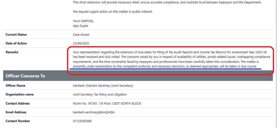 ajayguptaca's tweet image. Let’s Retweet &amp;amp; Share.
Alone we DREAM, together we WIN.

I have received a response on my grievance👇. Have you filed grievance on pgportal.gov.in? Do it fast.

Let’s unite our voice for a fair &amp;amp; immediate #TaxAuditExtension.

#ExtendTaxAuditDueDate