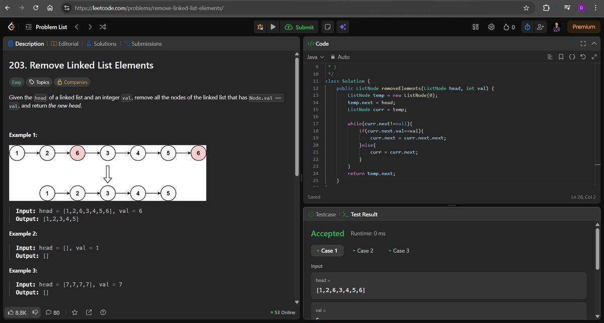 Dhananjay_R_26's tweet image. Day 51-52 of #CodeWithConsistency #DSA
Completed learning of  Linked List from @ApnacollegeX  - practiced question given by @ShradhaKhapra_ mam
-  Also solved questions on leetcode
#Java #Learninginpublic